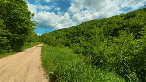White clouds drift above, casting soft shadows. Vrmdza Lake hike. Serbia Видео 338023519
