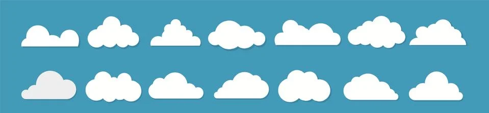 White clouds flat design set on blue background. Vector Stock Illustration