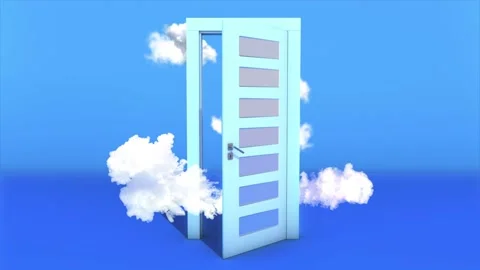 White Clouds Flying Out Through The Open Blue Door 3D Animation. Stock Footage 185464945