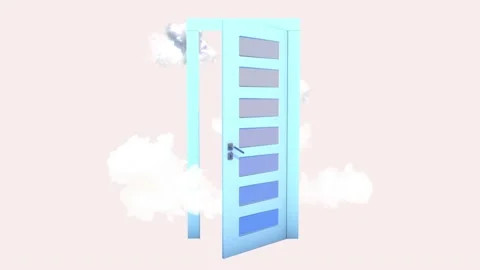 White Clouds Flying Out Through The Open Blue Door 3D Animation. 4K Vídeos de archivo 194832414
