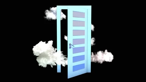 White Clouds Flying Out Through The Open Blue Door. Surreal Dream. Stock Footage 194832442