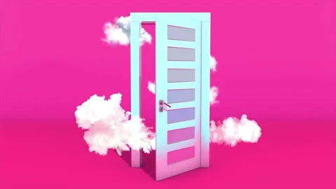 White Clouds Flying Out Through The Open Blue Door 3D Animation. Surreal Dream. Stock Footage 194832448