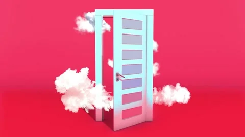 White Clouds Flying Out Through The Open Blue Door 3D Animation. Surreal Dream. Stock Footage 194832482