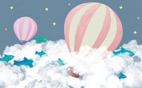 White clouds, green fish, two balloons on a background of the starry sky Stock Illustration