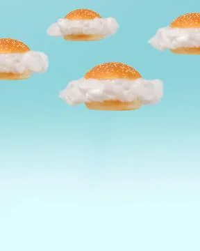 White clouds inside burger buns floating against blue sky background. Stockfoto's