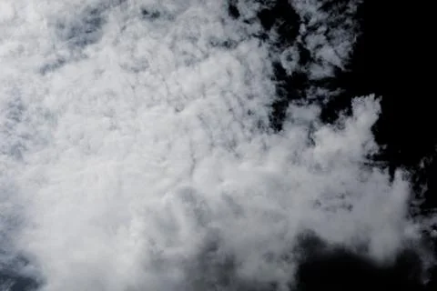 White clouds on isolated black sky. Panorama view background or overlay eleme Stock-Fotos