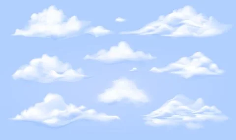 White clouds isolated on blue sky background. Realistic cloudscape forms Stock Illustration