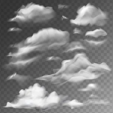 White clouds isolated on transparent gray background. Realistic 3d sky Stock Illustration