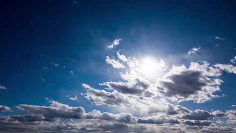 White Clouds Moving Fast Across Blue Sky with Bright Sun Time-Lapse Vidéo 334137038