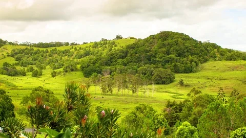 White clouds moving over green hill Stock Footage 76105808
