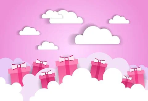White Clouds With Present Boxes Over Pink Sky Background Stock Illustration