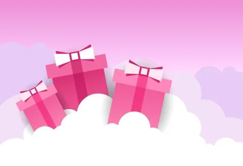 White Clouds With Present Boxes Over Pink Sky Background Stock Illustration