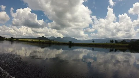 White Clouds Reflection In Still River Water [Slow Motion] Stock Footage 88533641
