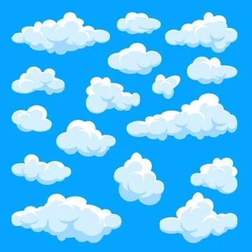 White clouds set. Abstract blue summer sky. Simple cartoon cloud. Vector Illustrazione stock