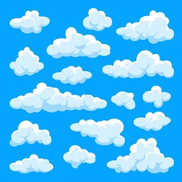 White clouds set. Abstract blue summer sky. Simple cartoon cloud. Vector Stock Illustration