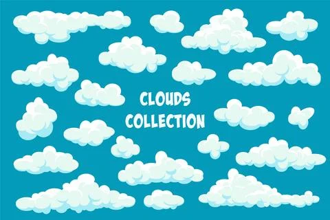 White clouds set. Abstract blue summer sky. Simple cartoon cloud. Vector Stockillustratie