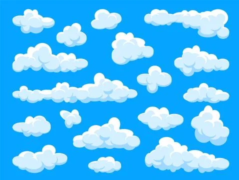 White clouds set. Abstract blue summer sky. Simple cartoon cloud. Vector Illustrazione stock