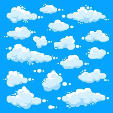 White clouds set. Abstract blue summer sky. Simple cartoon cloud. Vector Stock Illustration