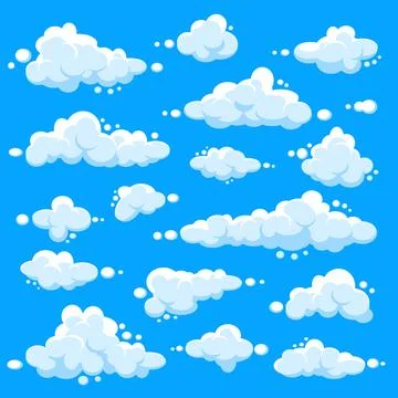 White clouds set. Abstract blue summer sky. Simple cartoon cloud. Vector Stock Illustration