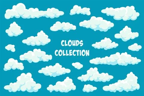 White clouds set. Abstract blue summer sky. Simple cartoon cloud. Vector Stock Illustration