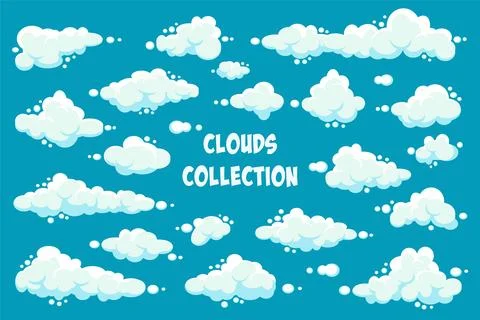White clouds set. Abstract blue summer sky. Simple cartoon cloud. Vector Stock Illustration