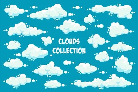 White clouds set. Abstract blue summer sky. Simple cartoon cloud. Vector Stock Illustration