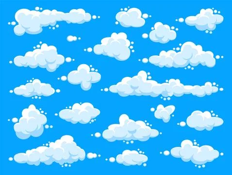 White clouds set. Abstract blue summer sky. Simple cartoon cloud. Vector Stock Illustration