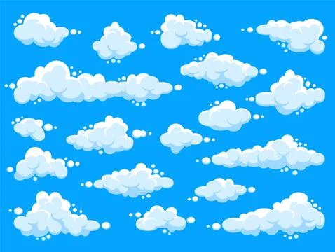 White clouds set. Abstract blue summer sky. Simple cartoon cloud. Vector Stock Illustration