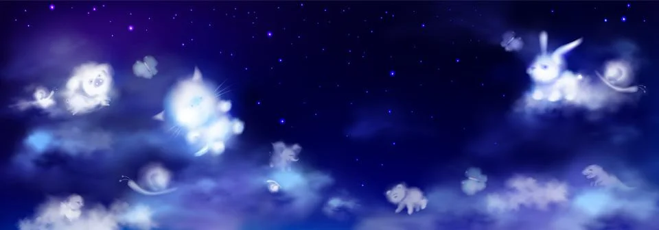 White clouds in shape of cute animals in night sky Stock Illustration