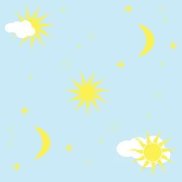 White clouds, sun, moon and stars Ilustração Stock