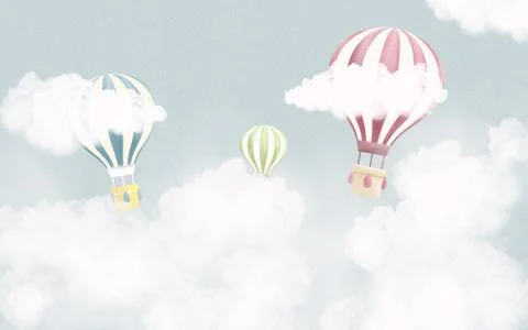 White clouds, three striped multi-colored balloons Stock Illustration