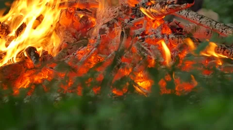 White Coals in Bonfire Burning Among Green Grass People Preparing to Rite of 動画素材 64797335