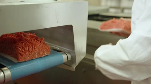 White-Coated Operator Collecting Formed Mince Blocks From Conveyor Stock Footage 341710267