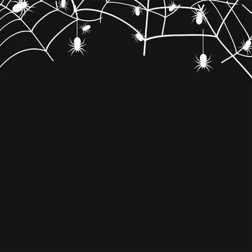 White cobweb with spiders on black background. Spider web. Vector Stock Illustration