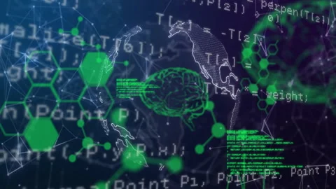 White code appearing starting rotating globe expanding network forming brain for Stock Footage 311584672