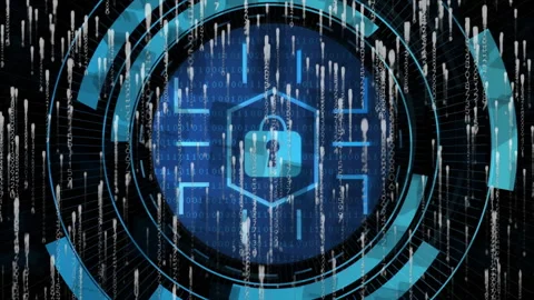 White code streaming starting cyan-blue rings fading, forming rotating hexagon Stock Footage 315788241