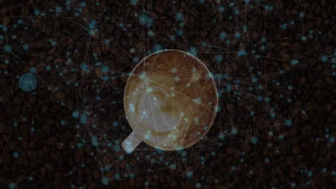 White coffee cup being visualized on dense roasted bean bed, featuring blue node Stock Footage 307445404