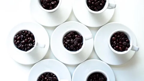White coffee cup containing coffee beans arranged on table,  top  view Stock Footage 281791874