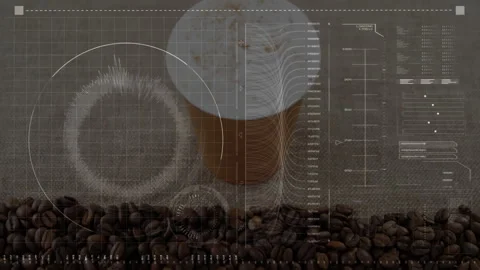 White coffee cup floating over beans with HUD overlay showing grid, code and Stock Footage 307444252