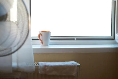 A white coffee cup with orange handle sitting on a windowsill inside a room Photos