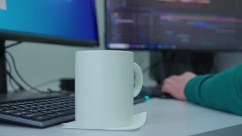 A white coffee cup sits on a coaster and then a man's hand takes it Stock Footage 273123067