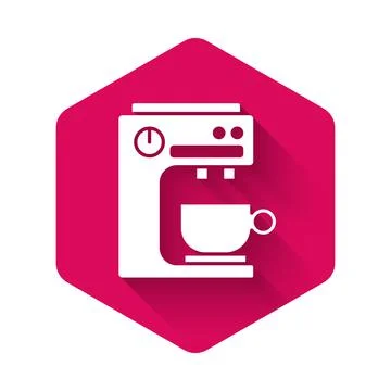 White Coffee machine icon isolated with long shadow. Pink hexagon button. Vector Stock Illustration
