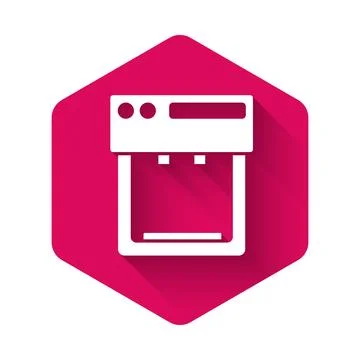 White Coffee machine icon isolated with long shadow. Pink hexagon button. Vec Stock Illustration