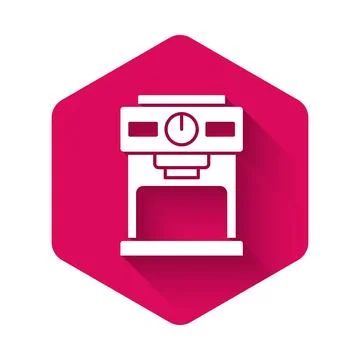 White Coffee machine icon isolated with long shadow. Pink hexagon button. Vec Stock Illustration