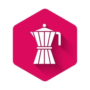 White Coffee maker moca pot icon isolated with long shadow. Pink hexagon button Stock Illustration