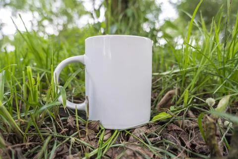 White coffee mug on the background of grass in the garden. cup mockups. mug m Stock Photos