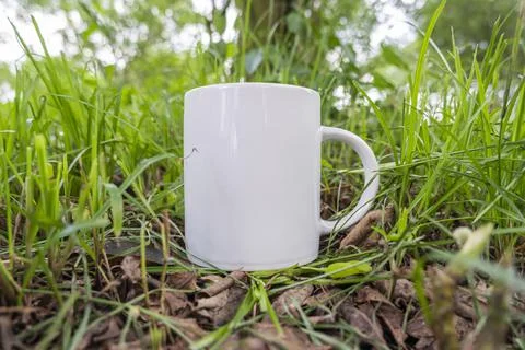 White coffee mug on the background of grass in the garden. cup mockups. mug m Stock Photos