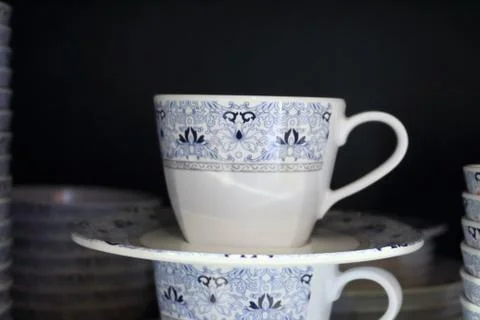 White coffee mug with a beautiful pattern. Stock-Fotos