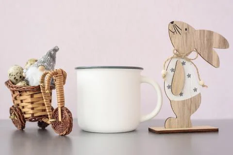 White coffee mug easter mockup with bunny Stock Photos