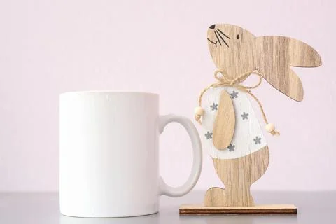 White coffee mug easter mockup with bunny Stock Photos